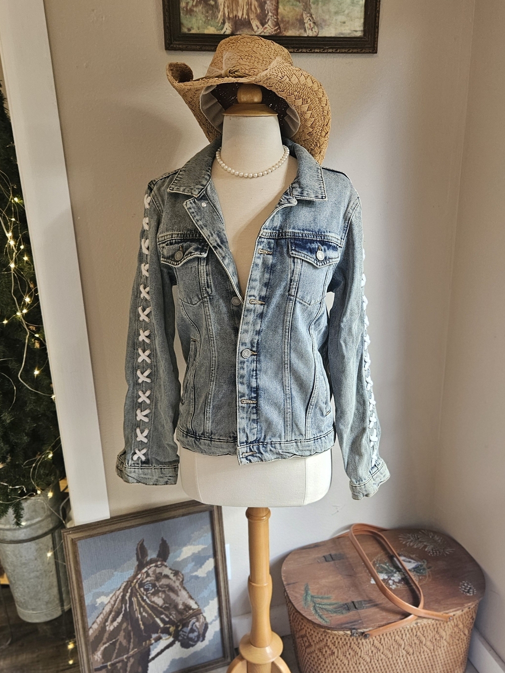 Light Wash Denim Jacket with Lace-Up Sleeve Detail - Women